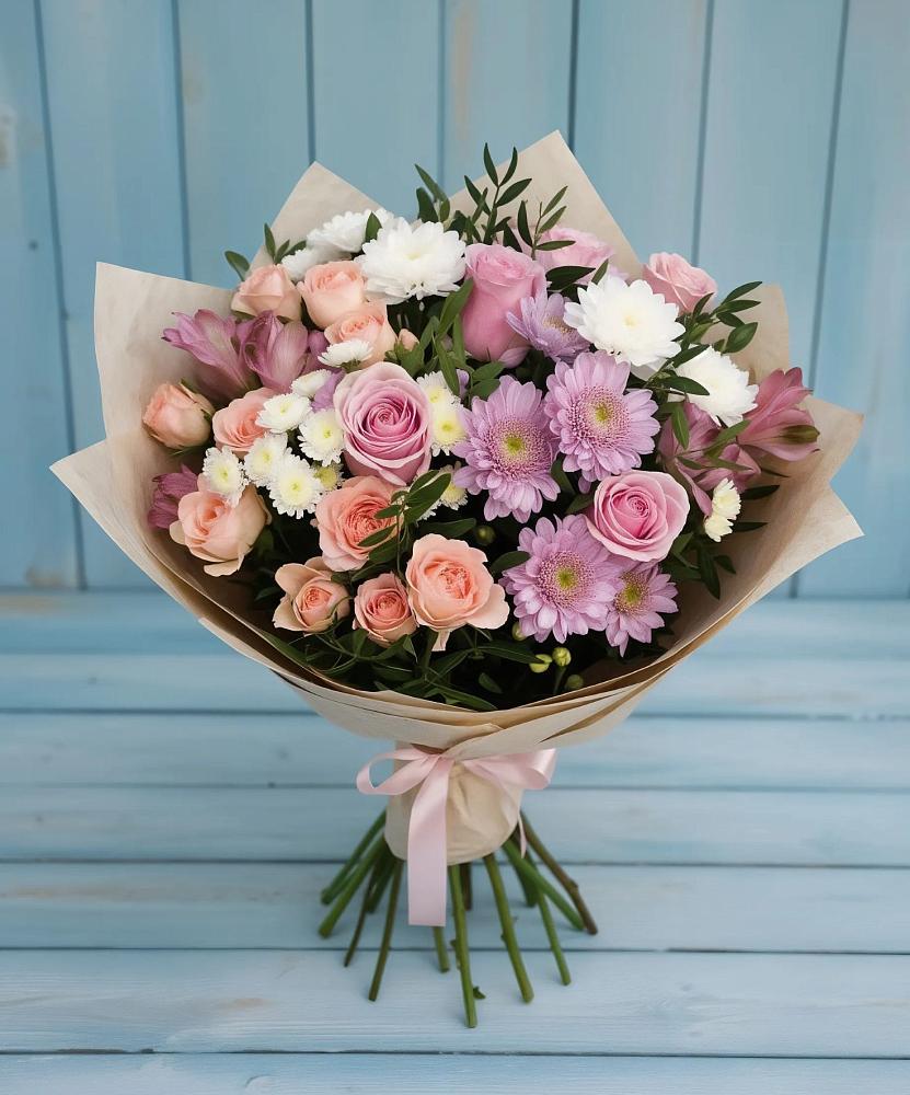 Букет цветов из: Хризантемы, Розы и Альстромерии в Марьино Сергиево-Посадский района