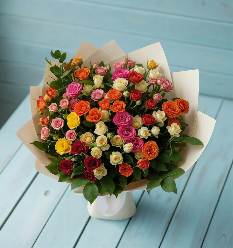 Букет Микс из разноцветных кустовых роз в Марьино Сергиево-Посадский района