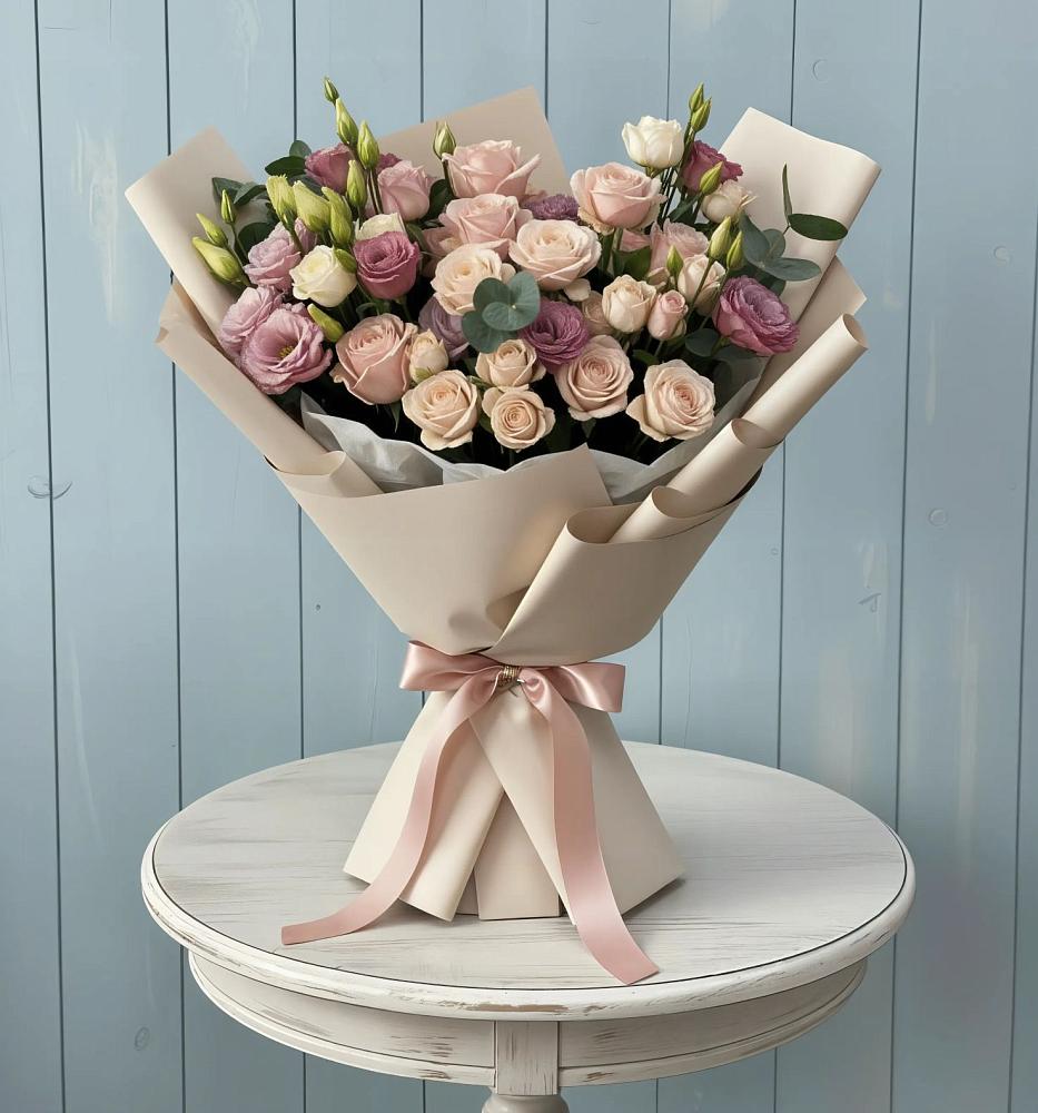 Букет цветов из: Розы и Лизиантусы в Марьино Сергиево-Посадский района