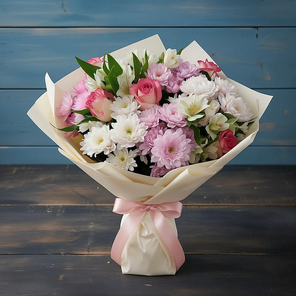 Букет цветов из: Хризантемы, Альстромерии и Розы в Марьино Сергиево-Посадский района